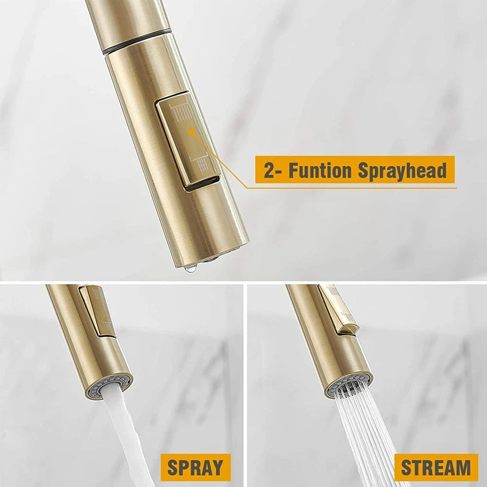 Kitchen Taps Pull Out Spray 360° Sink Taps Swivel Spout Mixer Tap Brushed Gold