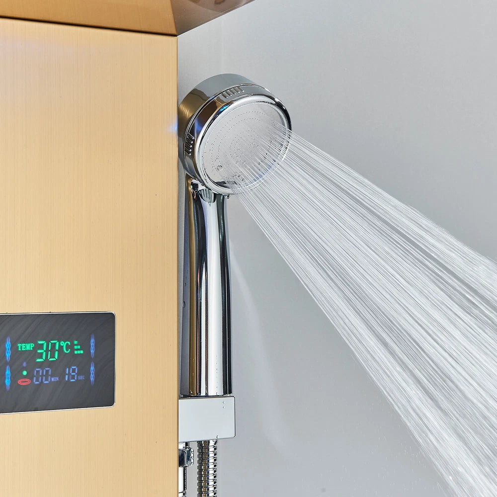 Gold LED Shower Panel Column Tower Bathroom Mixer Waterfall Massage Body Jets