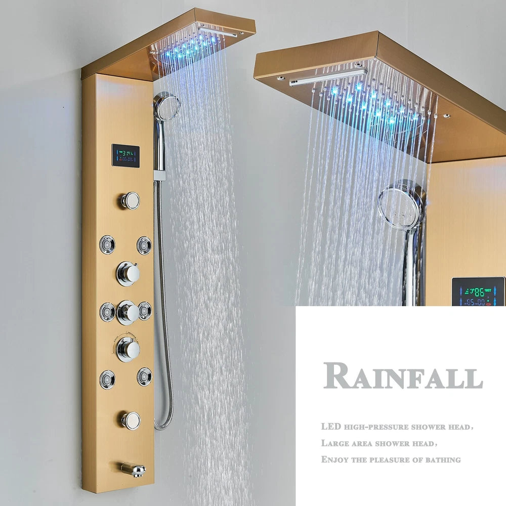 Gold LED Shower Panel Column Tower Bathroom Mixer Waterfall Massage Body Jets