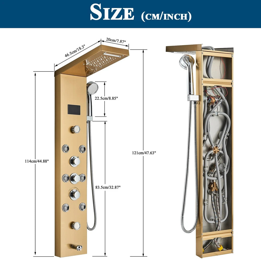 Gold LED Shower Panel Column Tower Bathroom Mixer Waterfall Massage Body Jets