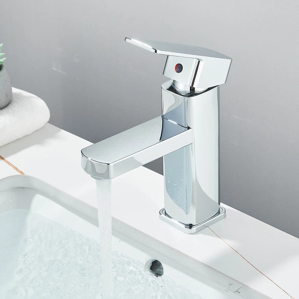 Chrome Bathroom Sink Mixer Tap Waterfall Mono Square Modern Basin Faucet + Waste