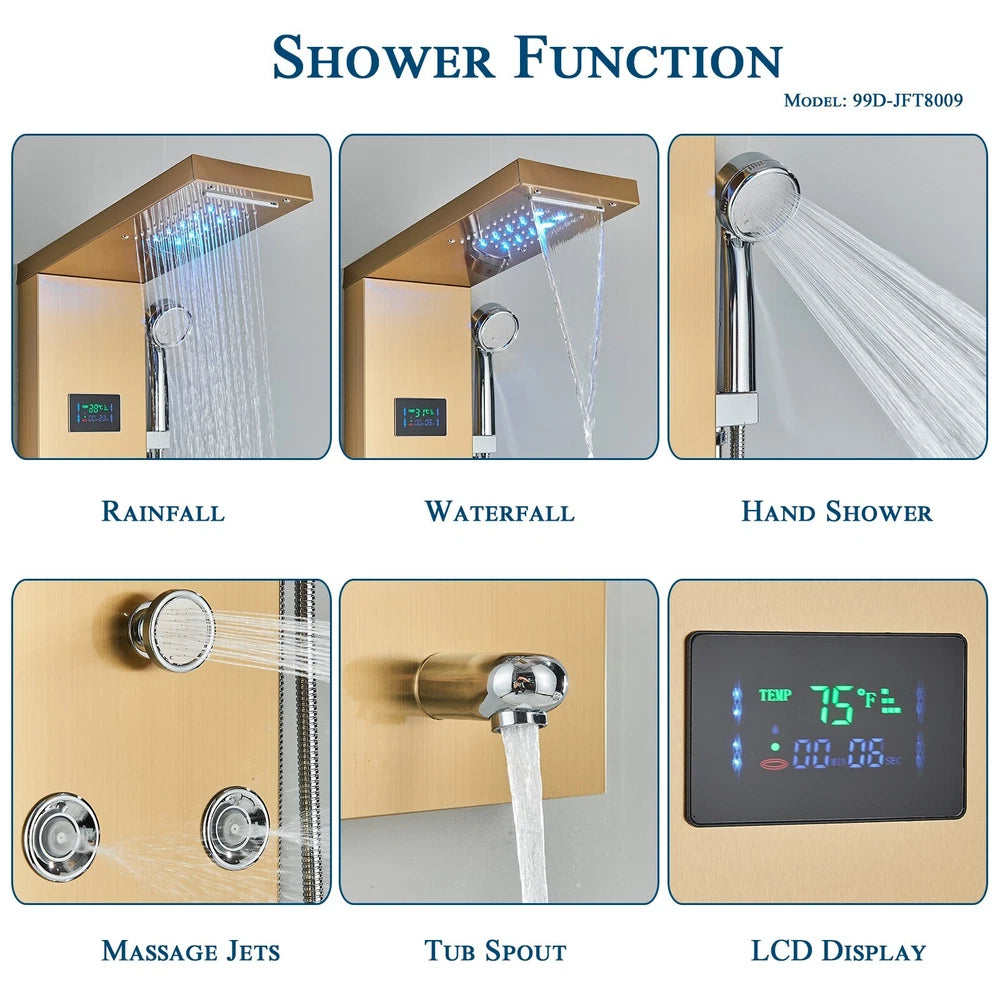 Gold LED Shower Panel Column Tower Bathroom Mixer Waterfall Massage Body Jets