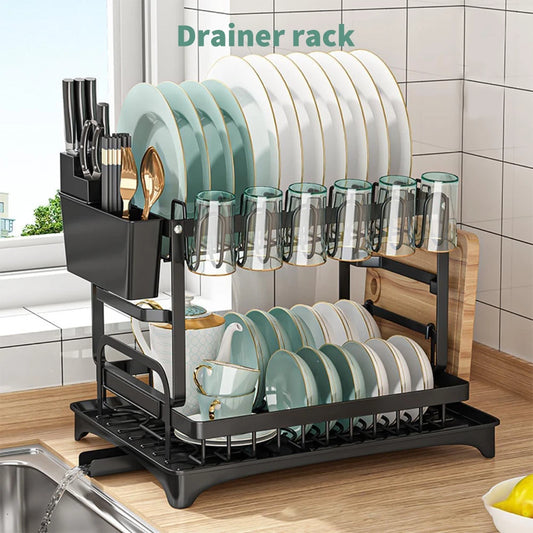 🔥2 Tier Kitchen Sink Dish Drainer Rack With Drip Tray Cutlery Holder Plate Rack