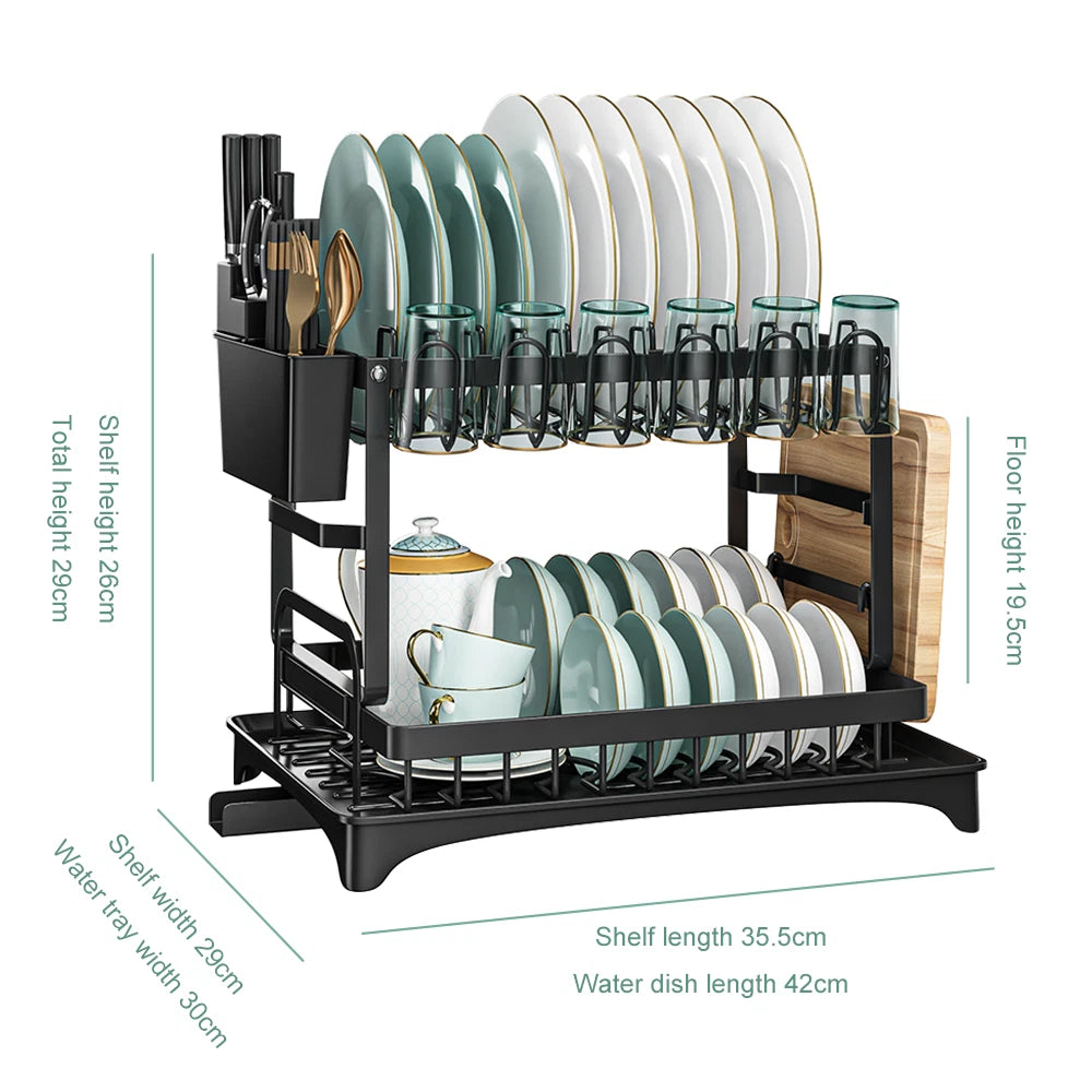 🔥2 Tier Kitchen Sink Dish Drainer Rack With Drip Tray Cutlery Holder Plate Rack