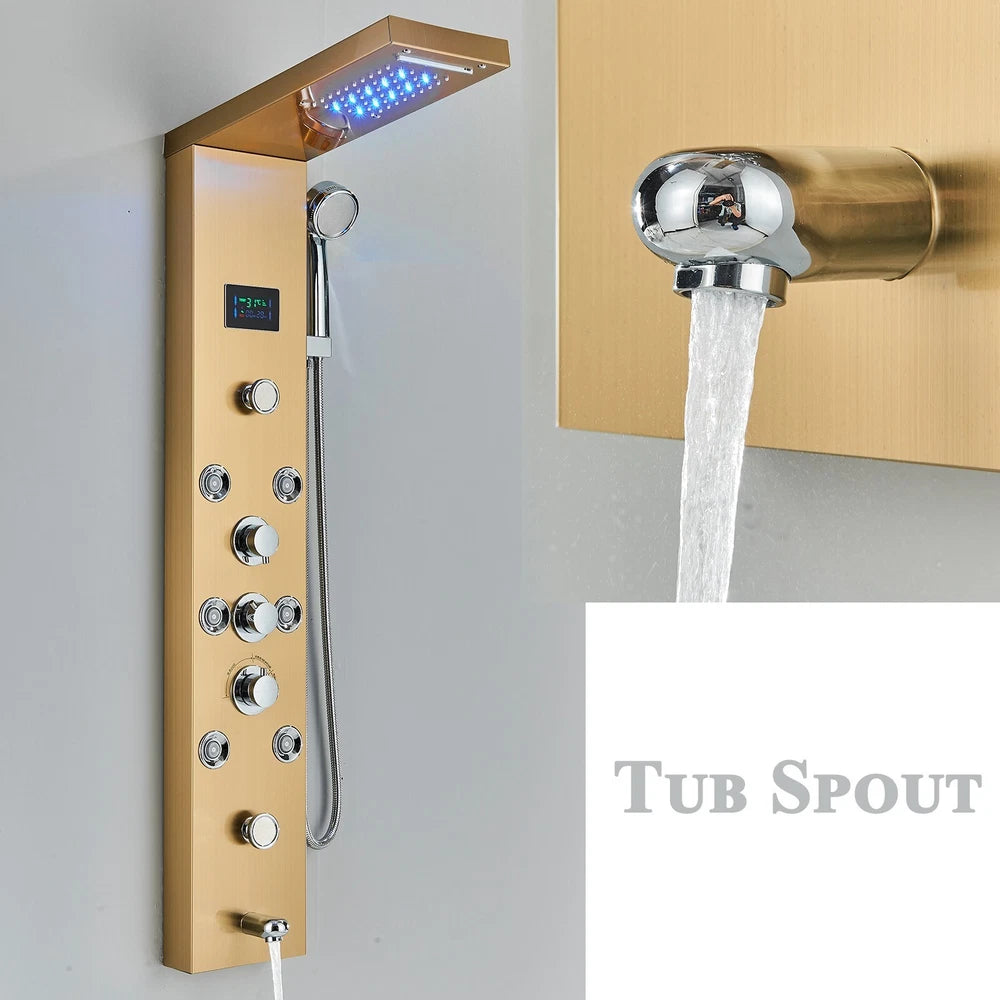 Gold LED Shower Panel Column Tower Bathroom Mixer Waterfall Massage Body Jets