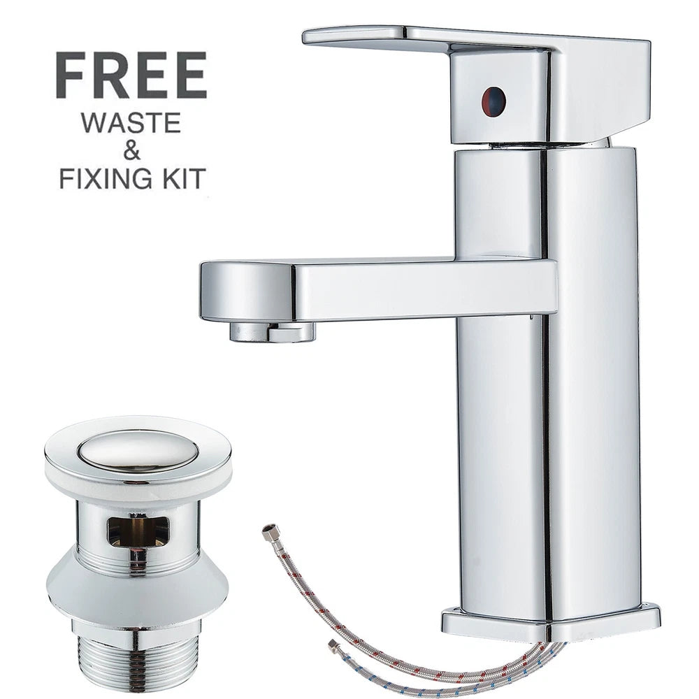 Chrome Bathroom Sink Mixer Tap Waterfall Mono Square Modern Basin Faucet + Waste