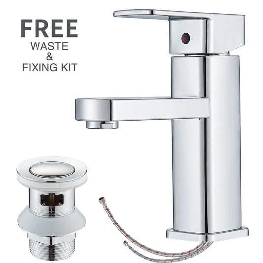 Chrome Bathroom Sink Mixer Tap Waterfall Mono Square Modern Basin Faucet + Waste