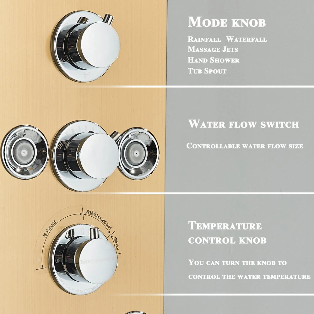 Gold LED Shower Panel Column Tower Bathroom Mixer Waterfall Massage Body Jets