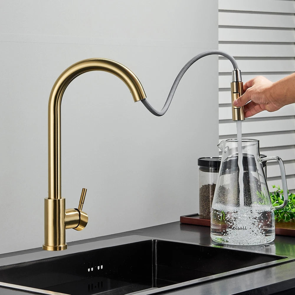 Kitchen Taps Pull Out Spray 360° Sink Taps Swivel Spout Mixer Tap Brushed Gold