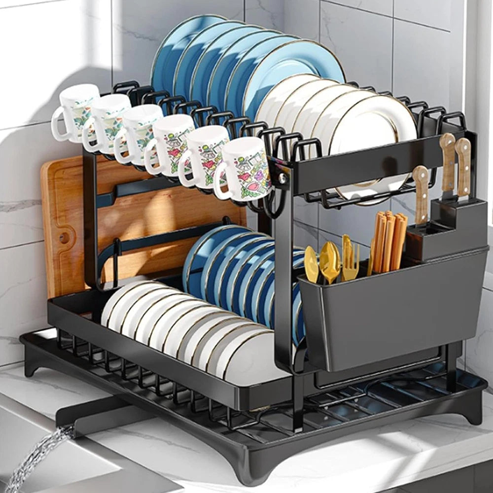 🔥2 Tier Kitchen Sink Dish Drainer Rack With Drip Tray Cutlery Holder Plate Rack