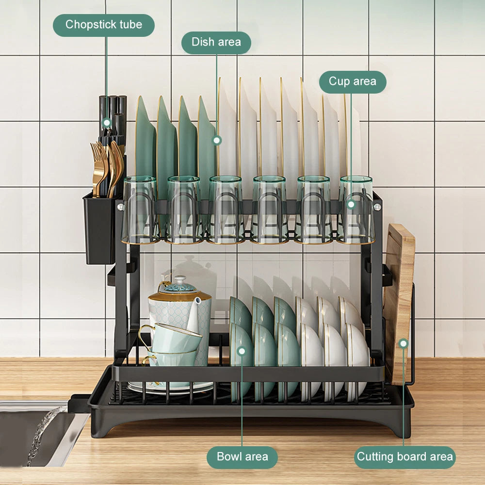 🔥2 Tier Kitchen Sink Dish Drainer Rack With Drip Tray Cutlery Holder Plate Rack