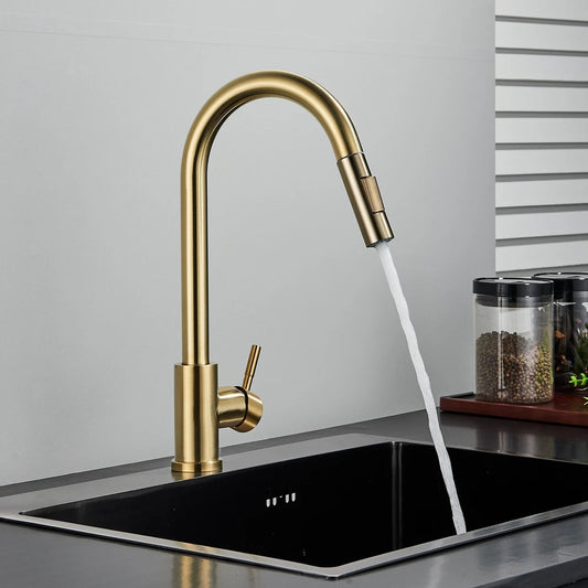 Kitchen Taps Pull Out Spray 360° Sink Taps Swivel Spout Mixer Tap Brushed Gold