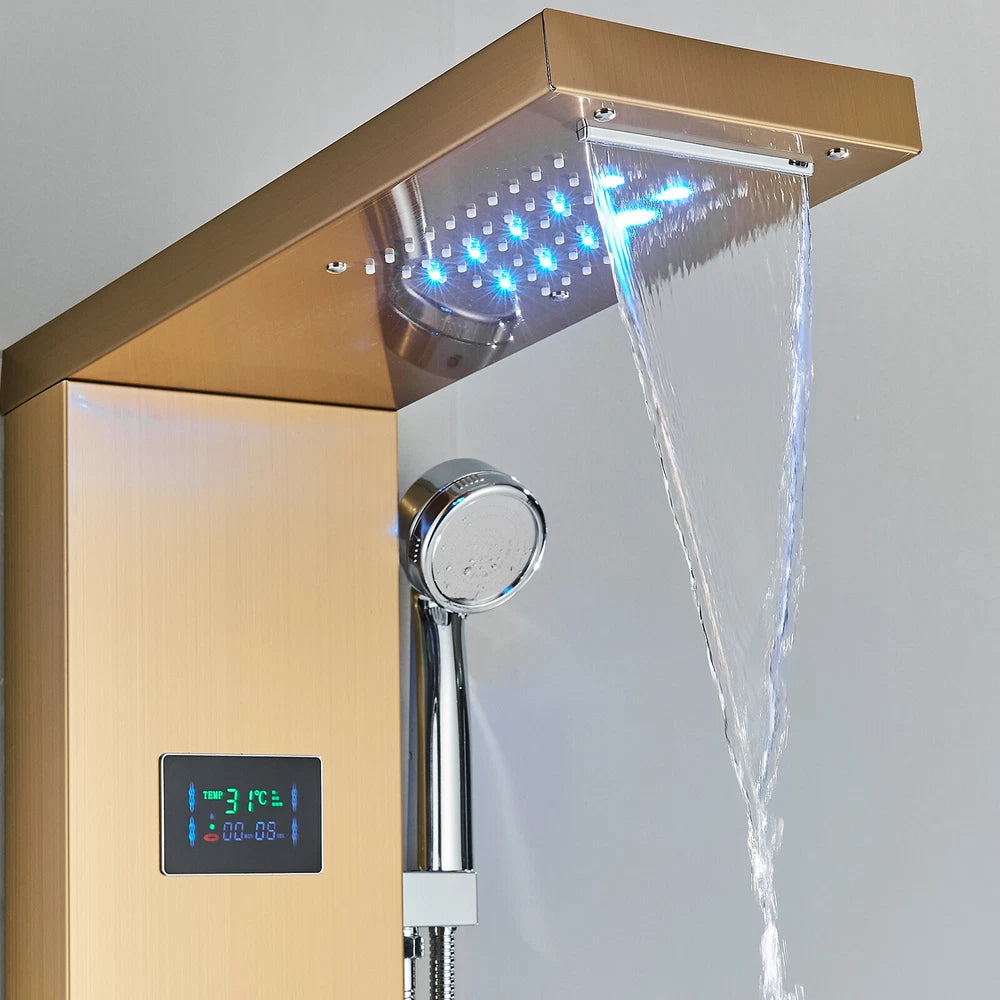 Gold LED Shower Panel Column Tower Bathroom Mixer Waterfall Massage Body Jets