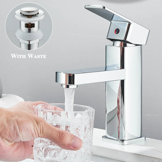 Chrome Bathroom Sink Mixer Tap Waterfall Mono Square Modern Basin Faucet + Waste
