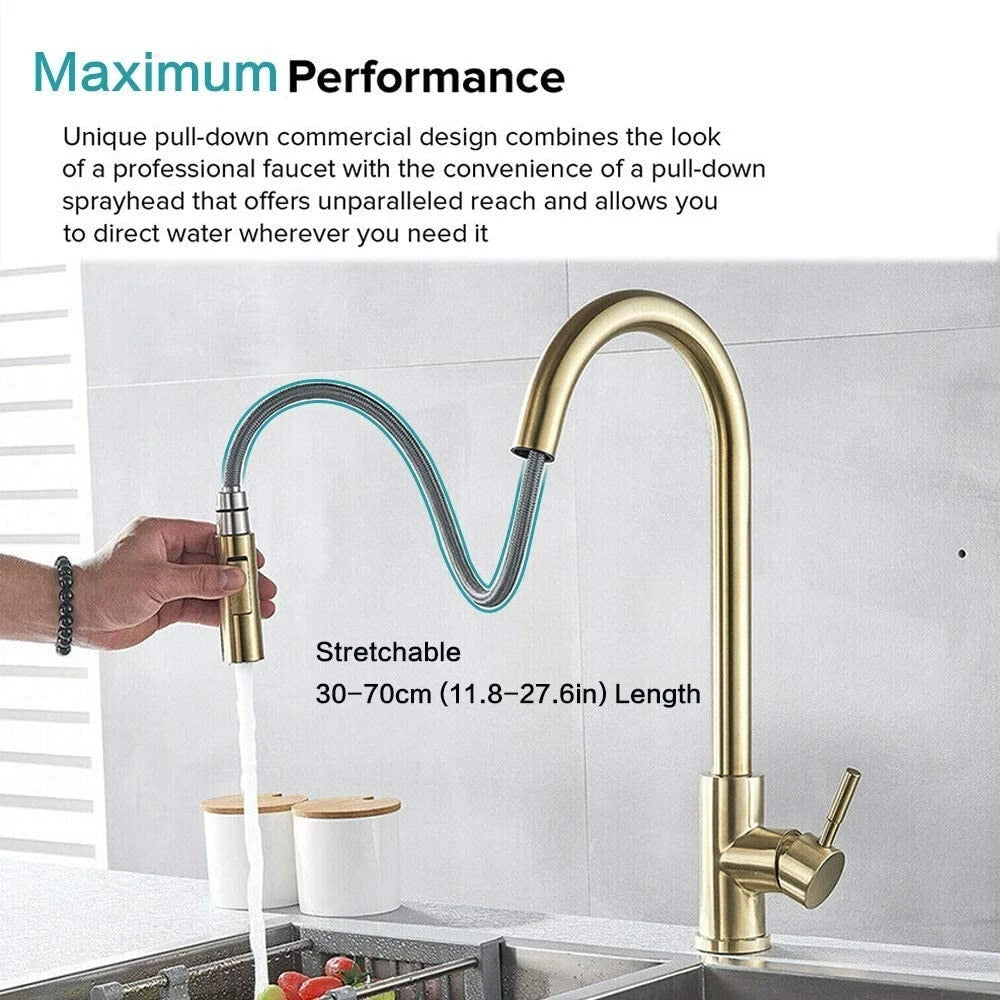 Kitchen Taps Pull Out Spray 360° Sink Taps Swivel Spout Mixer Tap Brushed Gold