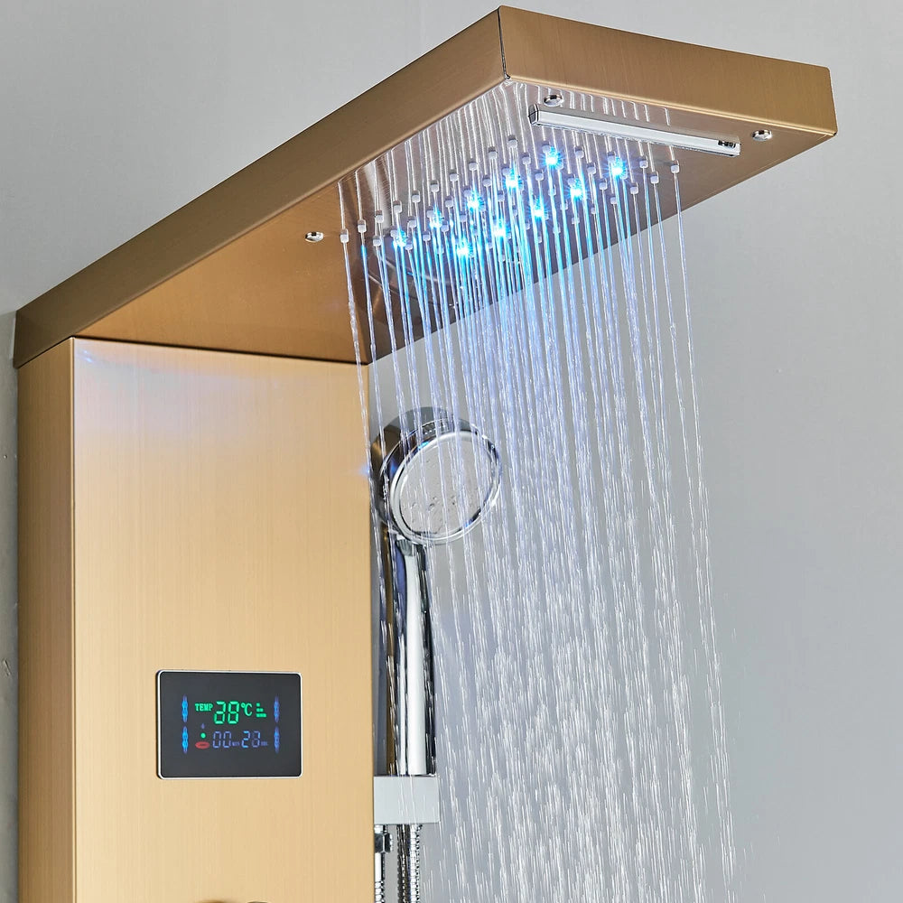 Gold LED Shower Panel Column Tower Bathroom Mixer Waterfall Massage Body Jets