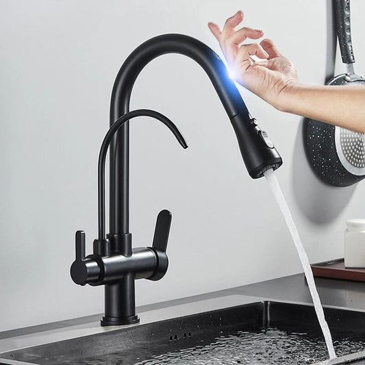 Touch & Manual Kitchen Faucet with Pull-Out Sprayer – Dual Handle Hot & Cold Mixer, Deck Mounted Sink Tap
